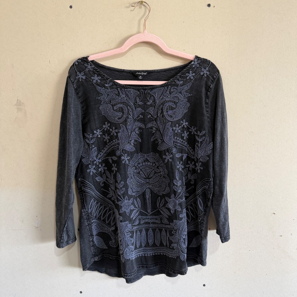 Lucky Brand Embroidered Boho Whimsigoth Top Washed Black Sz Medium